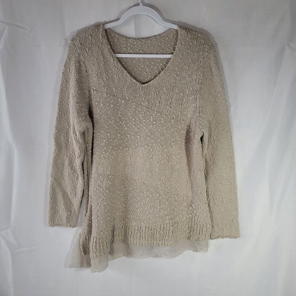 Chicos 3 Size XL Metallic Open Knit Layered V-Neck Pullover Sweater Beige Silver